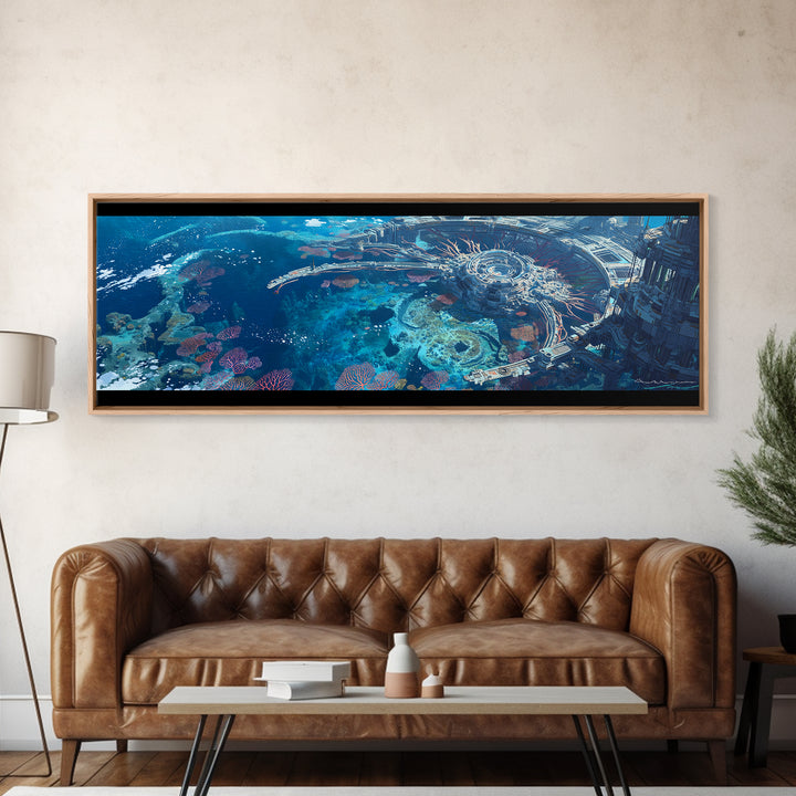 Futuristic Underwater Reef City Canvas Print, Blue Ocean Sci Fi Wall Art, Coral Seascape Poster, Unique Wall Decor Gift Idea