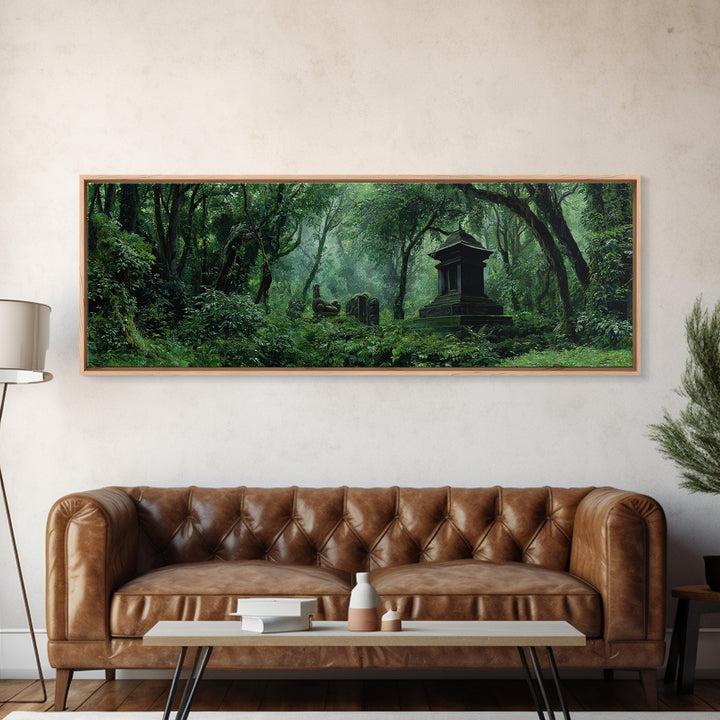 Ancient Jungle Tomb And Forest Ruins Framed Canvas Print, African Landscape, Mystical Wall Art, Dark Green Office Decor Gift