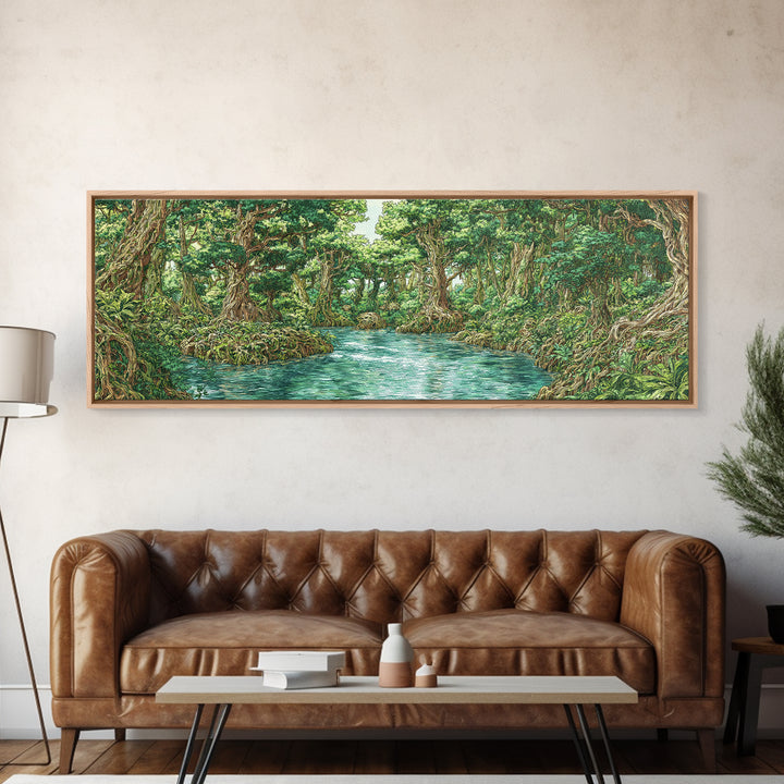 Turquoise River Through Lush African Jungle Canvas Print, Nature Scene Art, Safari Wall Decor, Green Boho Living Room Art