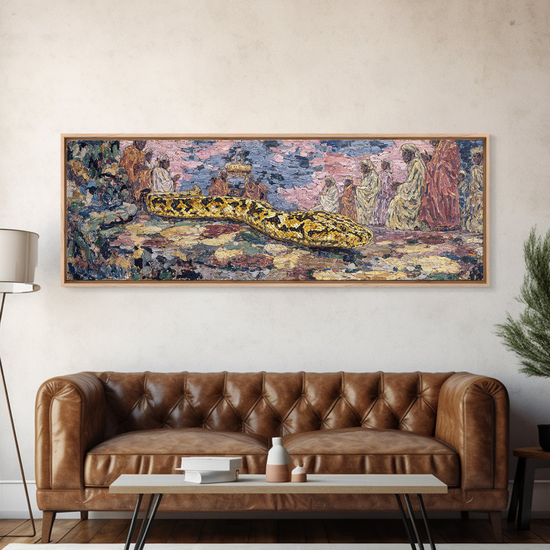 Golden Python Ceremony African Painting Canvas Print, Tribal Art Decor, Cultural Wall Art, Snake Portrait Statement Decor