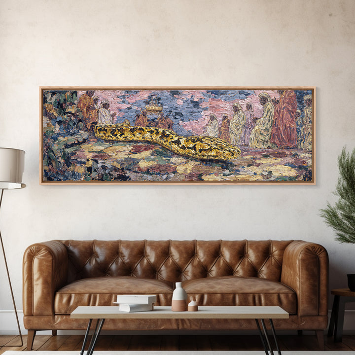 Golden Python Ceremony African Painting Canvas Print, Tribal Art Decor, Cultural Wall Art, Snake Portrait Statement Decor