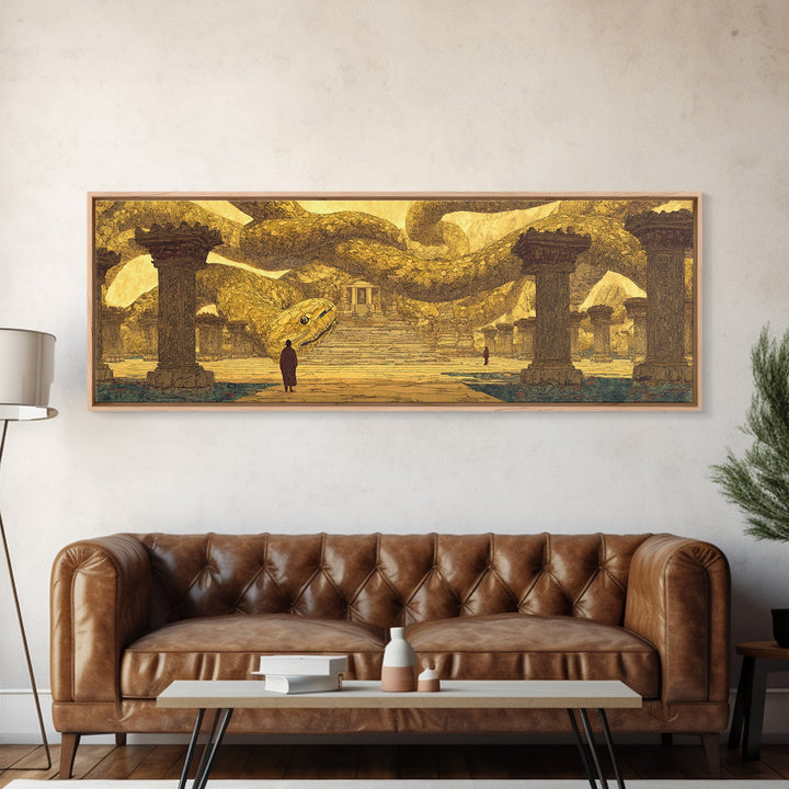 Ancient Golden Serpent Temple Wall Art, African Egyptian Art, Mythic Snake Decor, Luxury Canvas Print For Statement Room