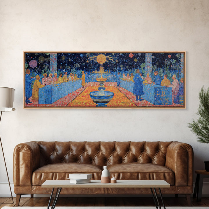 Celestial Banquet And Fountain Garden Canvas Print, African Inspired Wall Art, Dreamy Blue Celebration Decor Gift For Home