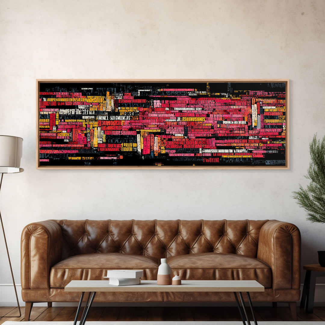 Neon Abstract City Skyline Wall Art, Modern African Inspired Typography, Urban Black Art Decor, Bold Red Yellow Canvas Print