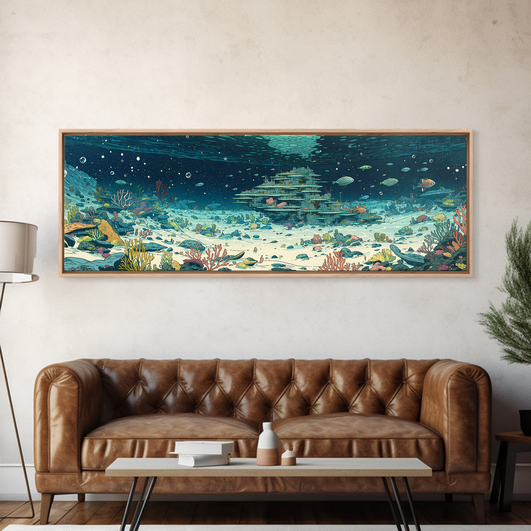 Underwater Coral Reef City With Fish Canvas Print, Ocean Wall Art, Beach Art, Blue Nature Scene, Coastal Home Decor Gift