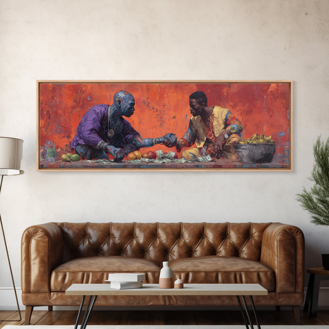African Market Handshake Scene Canvas Print, African Wall Art, Cultural Art, Orange Painting, Afrocentric Home Decor Gift
