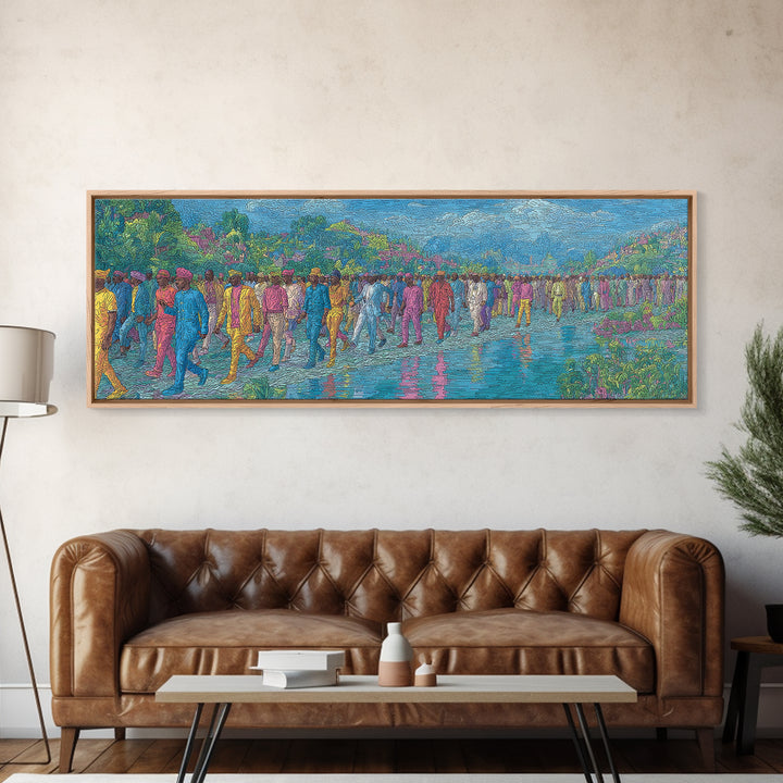 Colorful Riverside Crowd Abstract Wall Art, African Inspired Canvas Print, Modern Art, Vibrant Home Decor, Large Wall Art