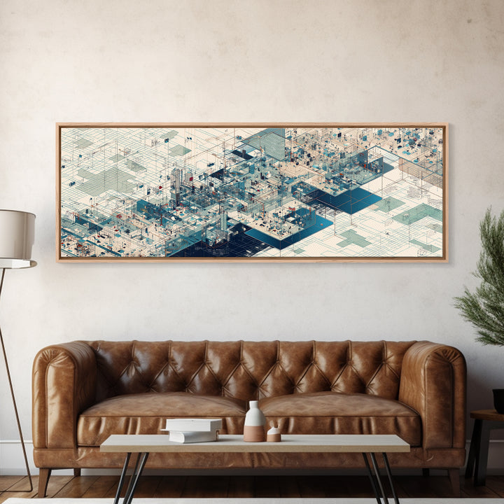 Isometric Futuristic City Grid Wall Art, Digital Art Canvas Print, Modern Office Decor, Geometric Wall Art, Tech Blue Art