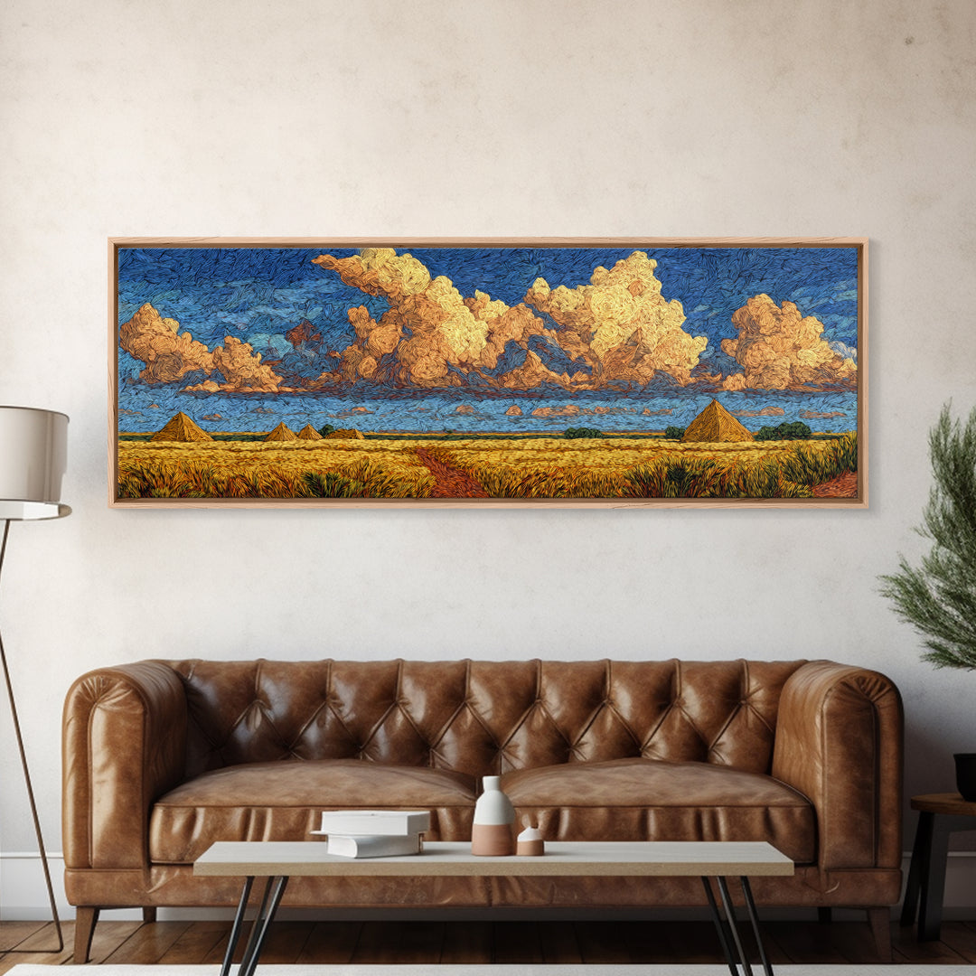 Golden Pyramids Under Textured Clouds Framed Canvas Print, African Egyptian Art, African Landscape, Blue And Gold Canvas, Decor