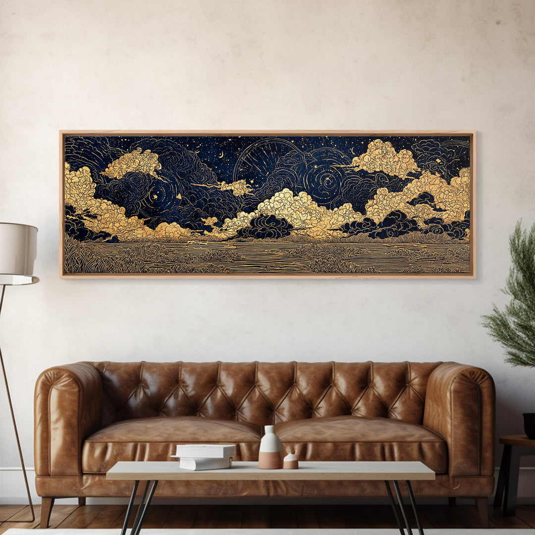 Gold Line Celestial Clouds Over Water Wall Art, African Abstract, Spiritual Wall Art, Mystical Wall Art, Black And Gold Art Decor