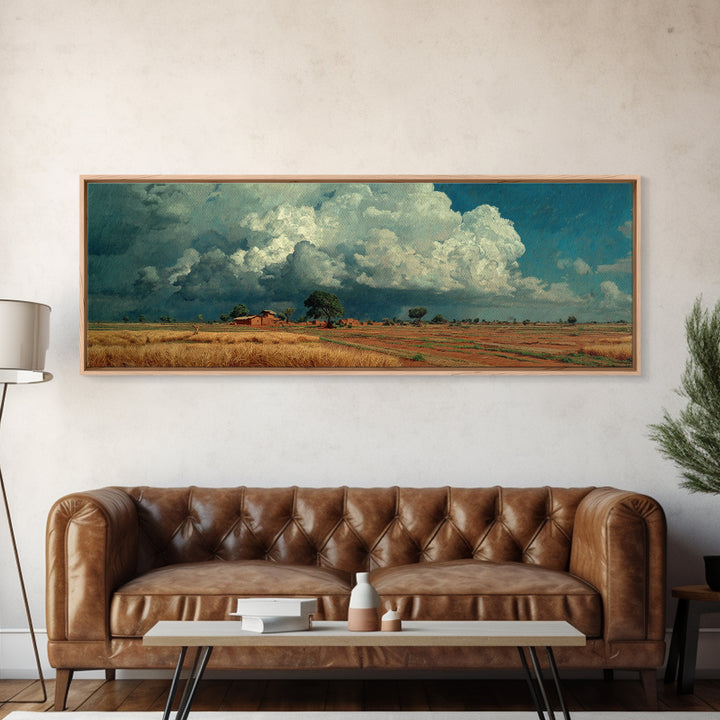 Rustic Farmhouse Beneath Towering Clouds Canvas Print, African Landscape, Earth Tone Wall Art, Nature Scene Art, Home Decor