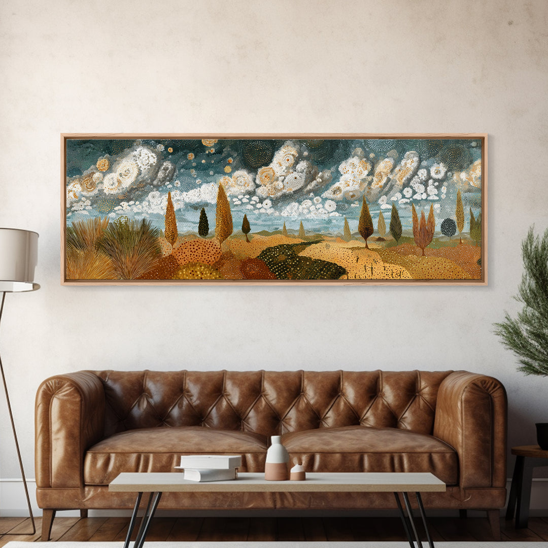 Golden African Savanna Hills Wall Art, Abstract Storm Cloud Landscape, Earth Tone Canvas Decor, Boho Living Room Art Print