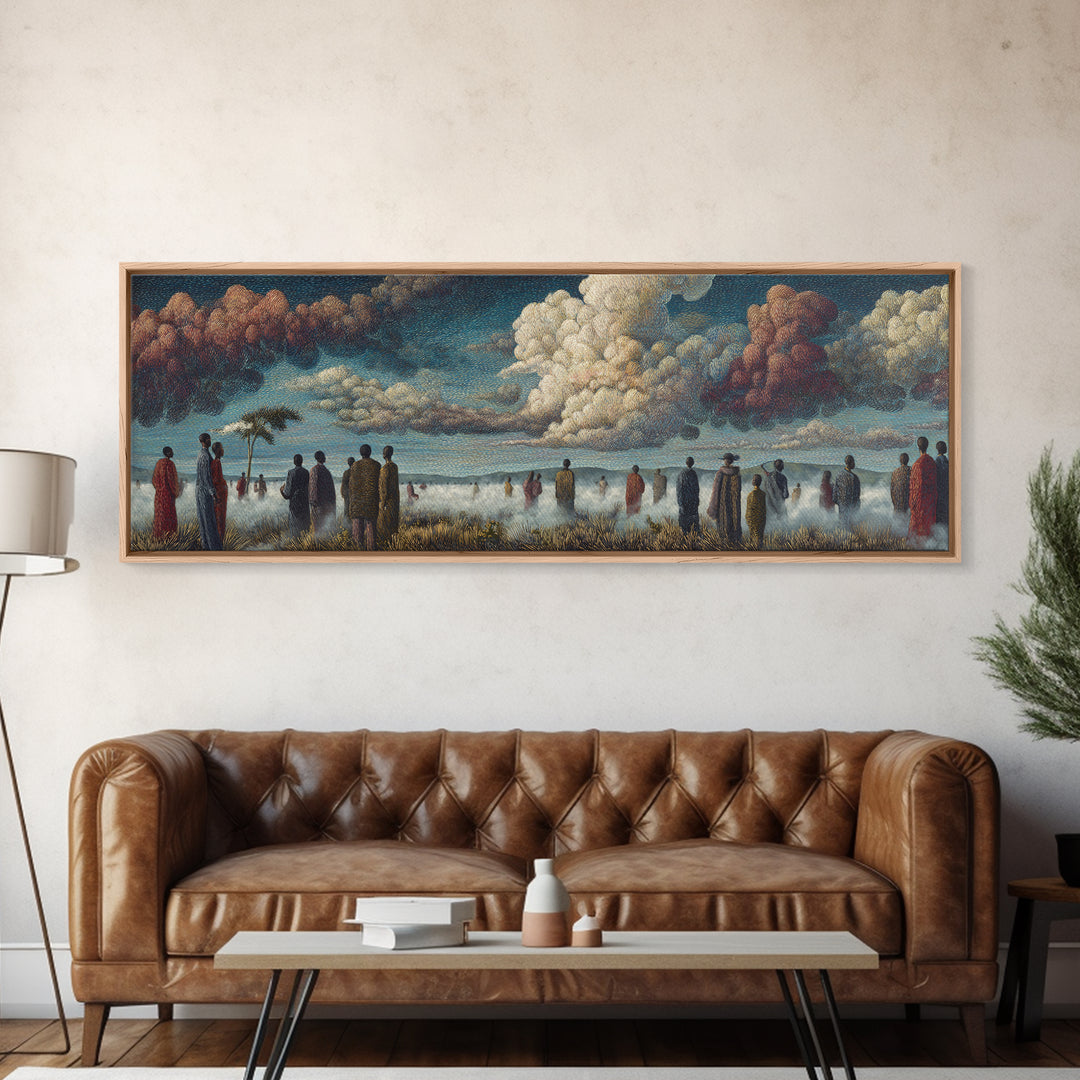 Misty African Gathering Wall Art, Dramatic Cloud Lake Landscape, Afrocentric Canvas Decor, Cultural Living Room Print Gift