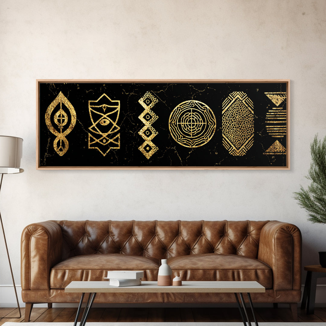 Gold Tribal Symbols Canvas Print, African Geometric Pattern Wall Decor, Abstract Black And Gold Art, Modern Ethnic Decor
