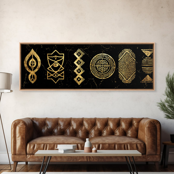 Gold Tribal Symbols Canvas Print, African Geometric Pattern Wall Decor, Abstract Black And Gold Art, Modern Ethnic Decor