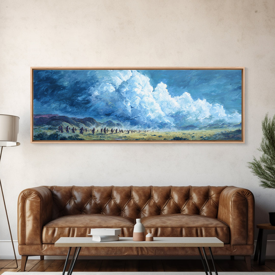 Blue Cloud Procession Wall Art, African Landscape Painting, Modern Canvas Decor, Serene Safari Living Room Art Print Gift
