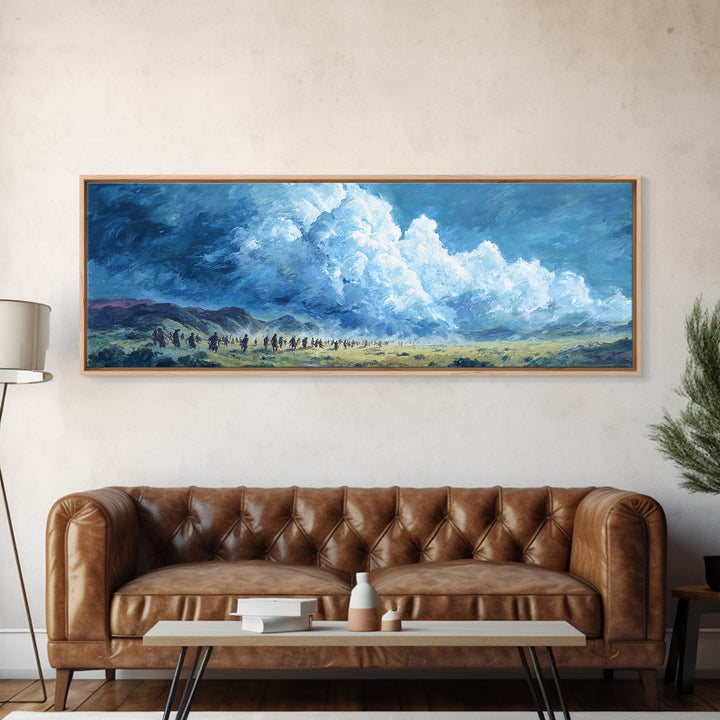 Blue Cloud Procession Wall Art, African Landscape Painting, Modern Canvas Decor, Serene Safari Living Room Art Print Gift
