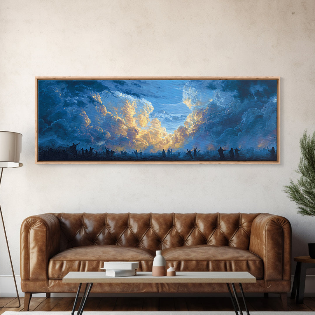 Glowing Sky Celebration Canvas Print, African Spiritual Wall Decor, Blue Gold Cloud Landscape, Afrocentric Home Decor Gift