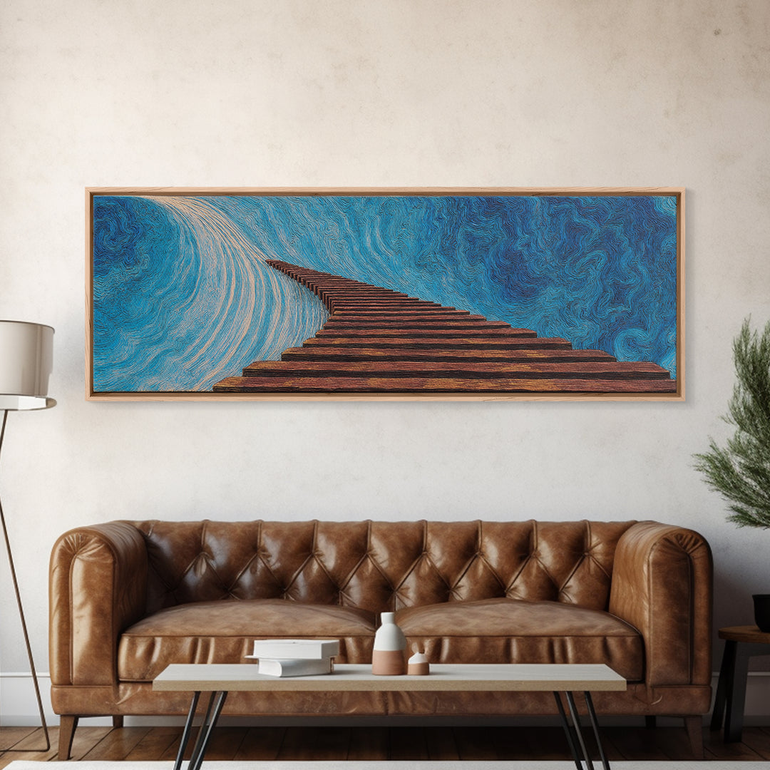 Surreal Wooden Stairway To Blue Sky, Abstract African Inspired Wall Art, Modern Canvas Art, Large Home Decor Gift, Statement Wall Decor