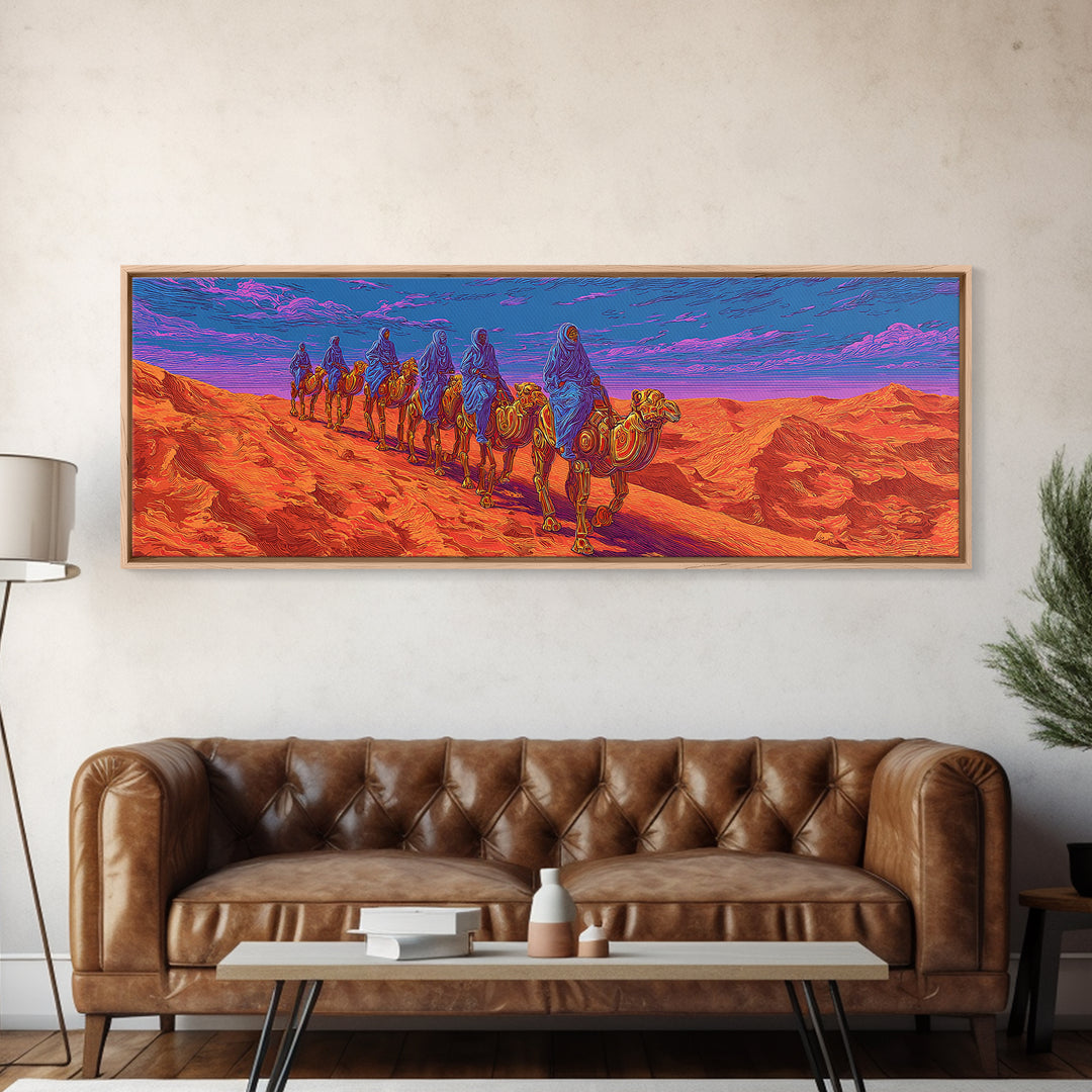 Vibrant Camel Caravan In Orange Desert Mountains, African Safari Art Canvas Print, Serengeti Wall Decor, Travel Gift, Unique Home Decor
