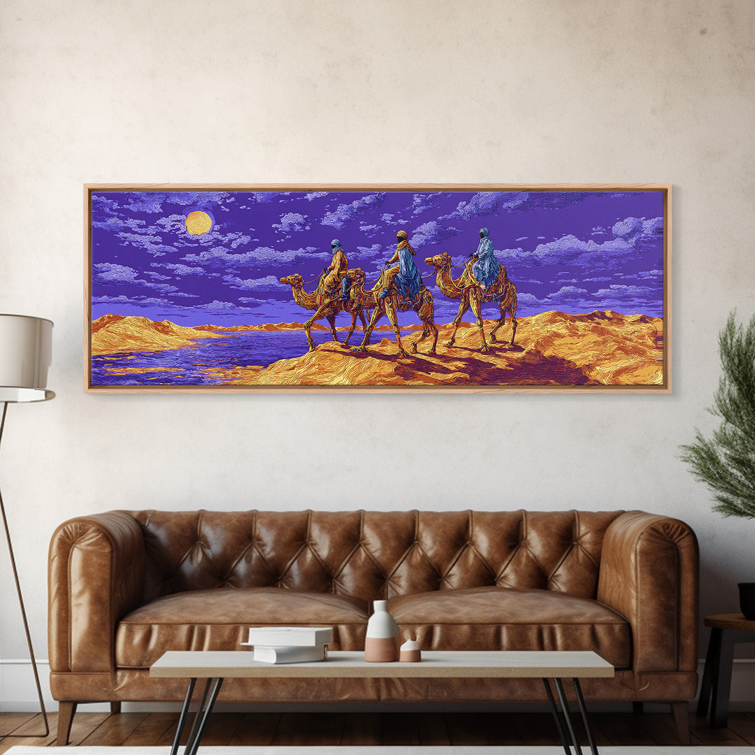 Moonlit Camel Caravan Across Purple Dunes, African Safari Art Framed Canvas Print, Dreamy Wall Art, Unique Home Decor Gift