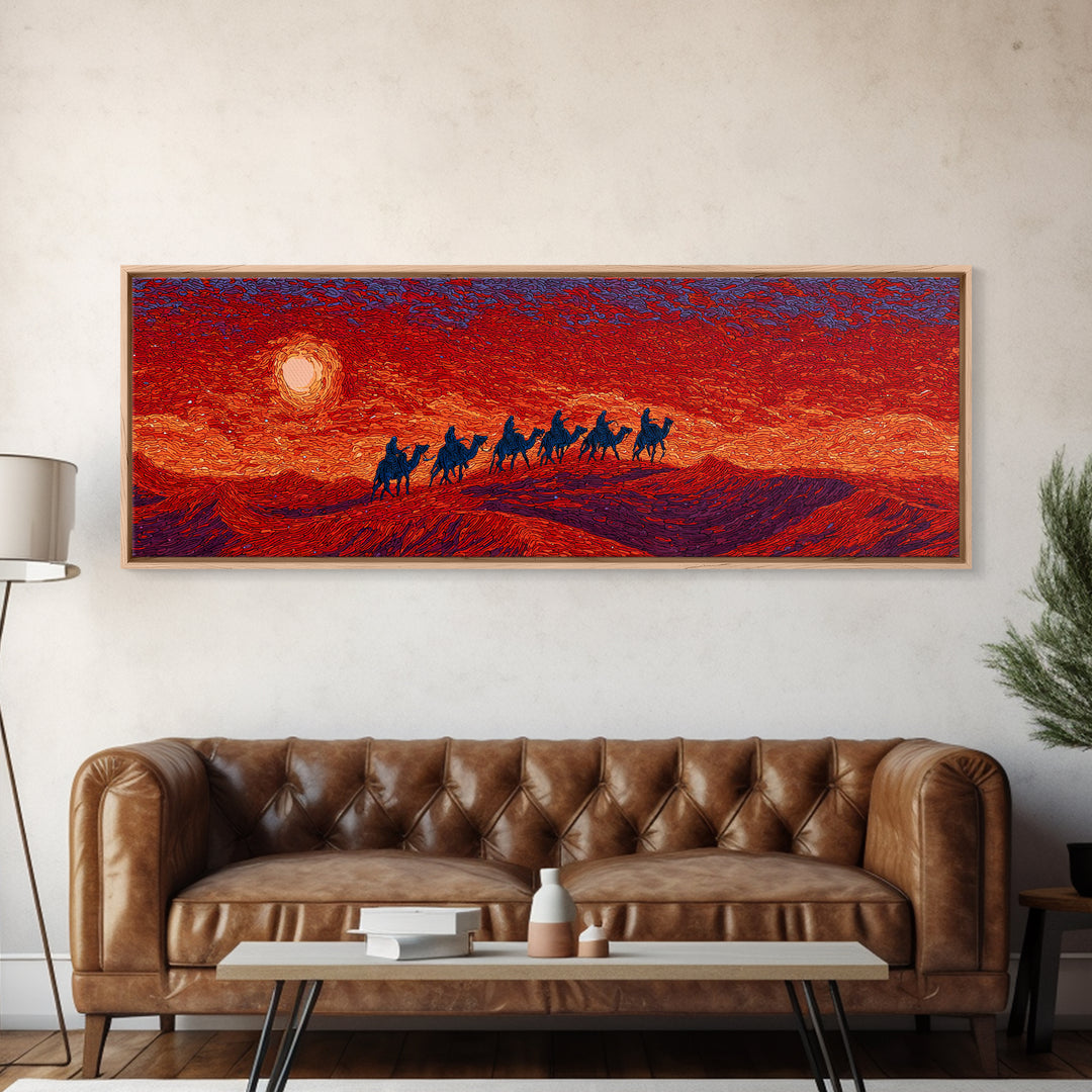 Fiery Sunset Camel Caravan Silhouettes Over Dunes, African Safari Art Canvas Print, Burnt Orange Wall Decor, Travel Gift