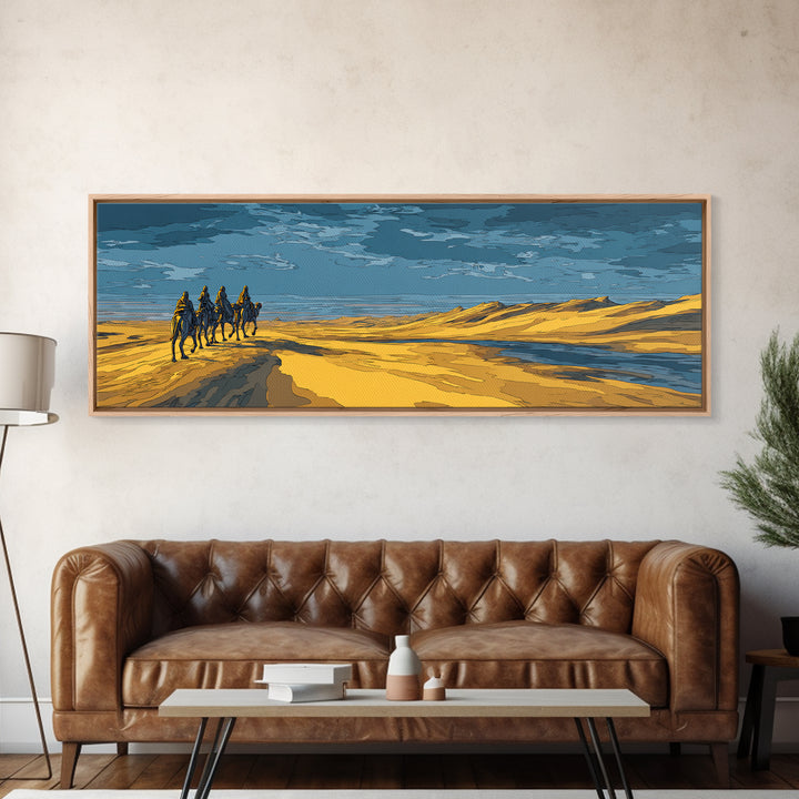 Blue And Gold Desert Riders By Water, African Safari Art Wall Art, Serengeti Landscape, Modern Home Decor, Unique Travel Gift