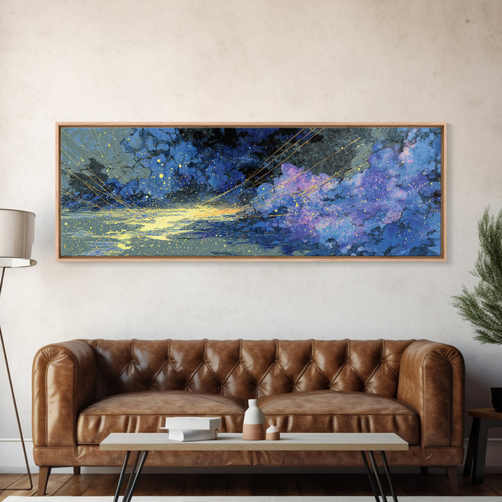 Blue Gold Cosmic Waves With Starry Light, African Abstract Wall Art, Modern Canvas Art, Dreamy Wall Decor, Luxury Home Decor