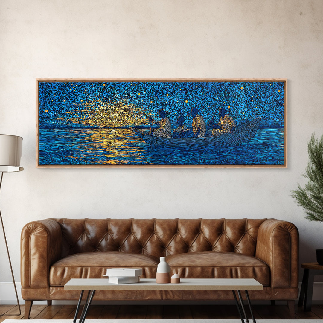 Golden Sunset Canoe Fishermen Wall Art, African Safari Art Print, Blue Lake Landscape, Serene Bedroom Canvas Home Decor Gift