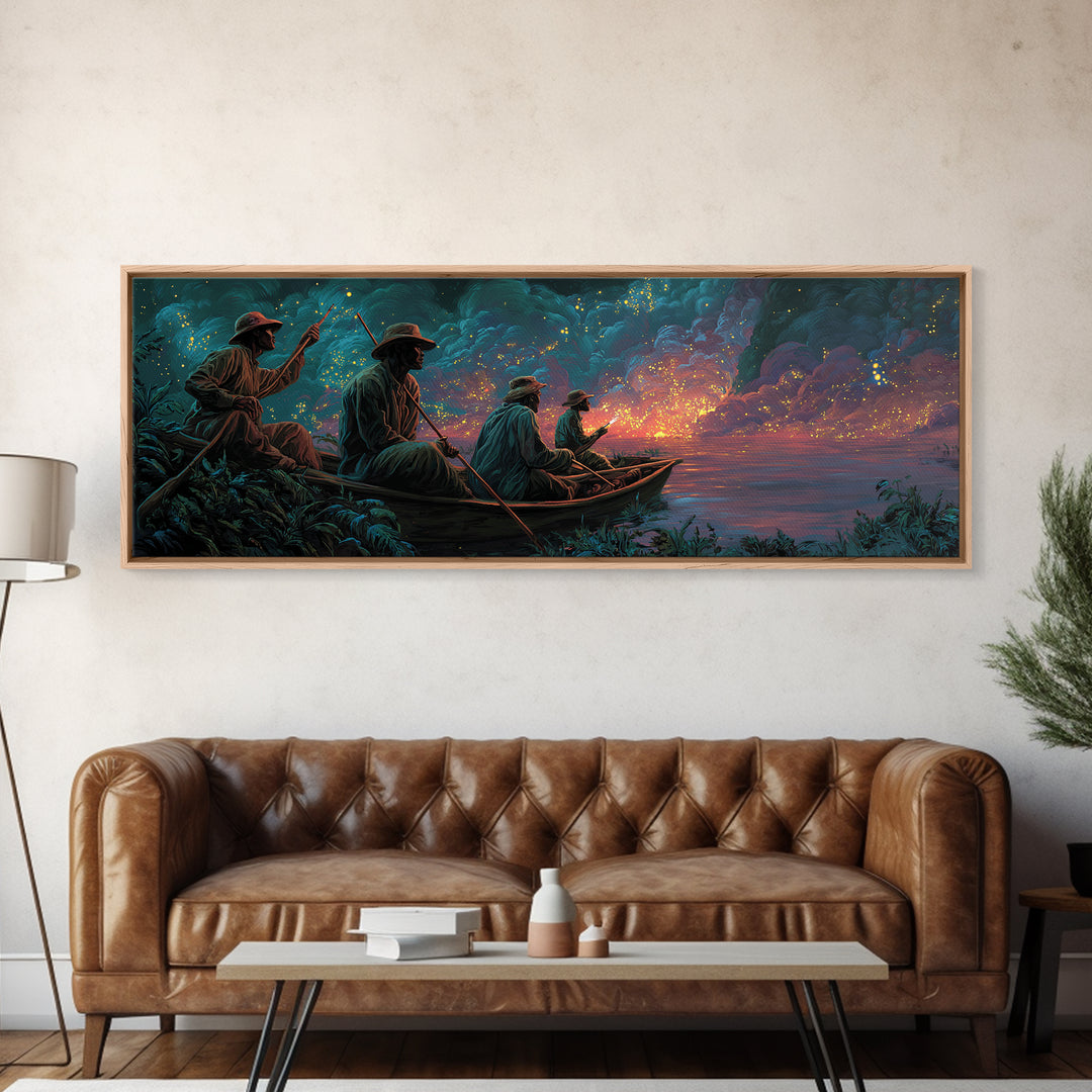 Stormy River Fishermen At Twilight Framed Canvas Print, African Landscape Wall Decor, Moody Safari Art, Unique Home Decor