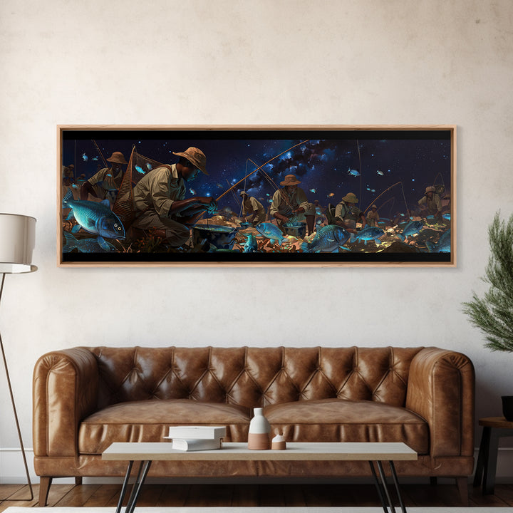 Glowing Blue Fish Night Market Canvas Print, African Fishermen Wall Art, Afrofuturism Decor, Contemporary Gallery Art Gift