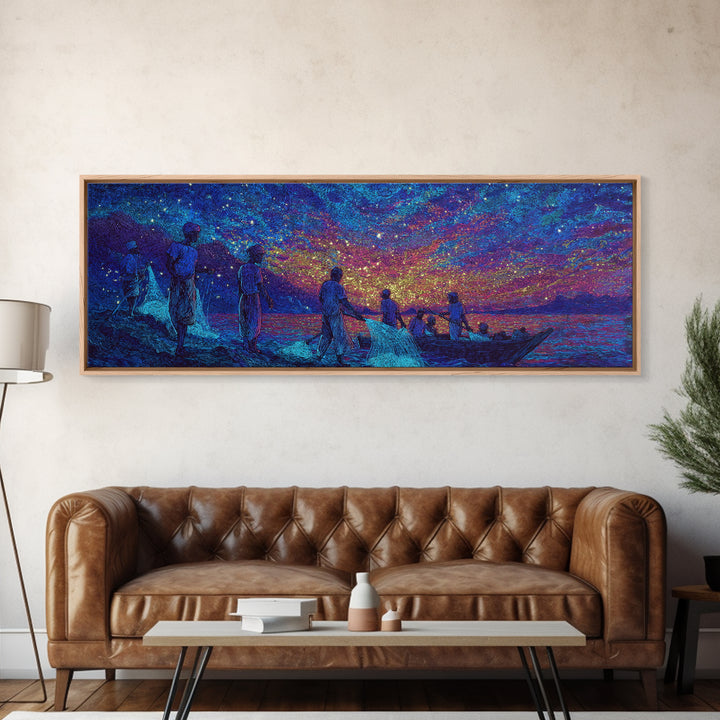 Stargazing Fishermen At Shore Canvas Print, African Wall Art, Vibrant Blue Purple Night, Afrocentric Unique Home Decor Gift