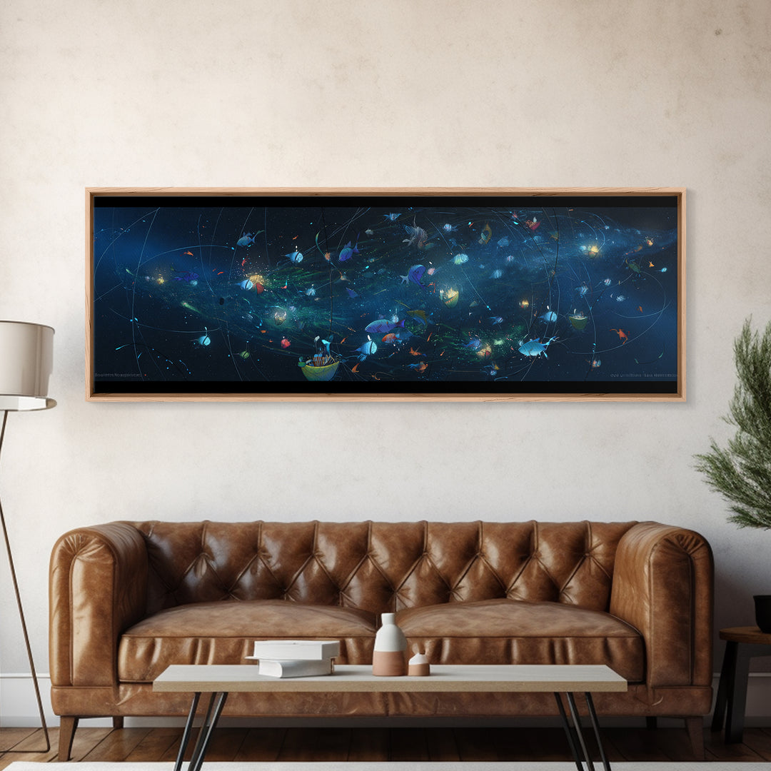 Cosmic Ocean Fish And Nets Wall Art, Dreamy Canvas Print, African Inspired Underwater Scene, Modern Blue Home Decor Gift