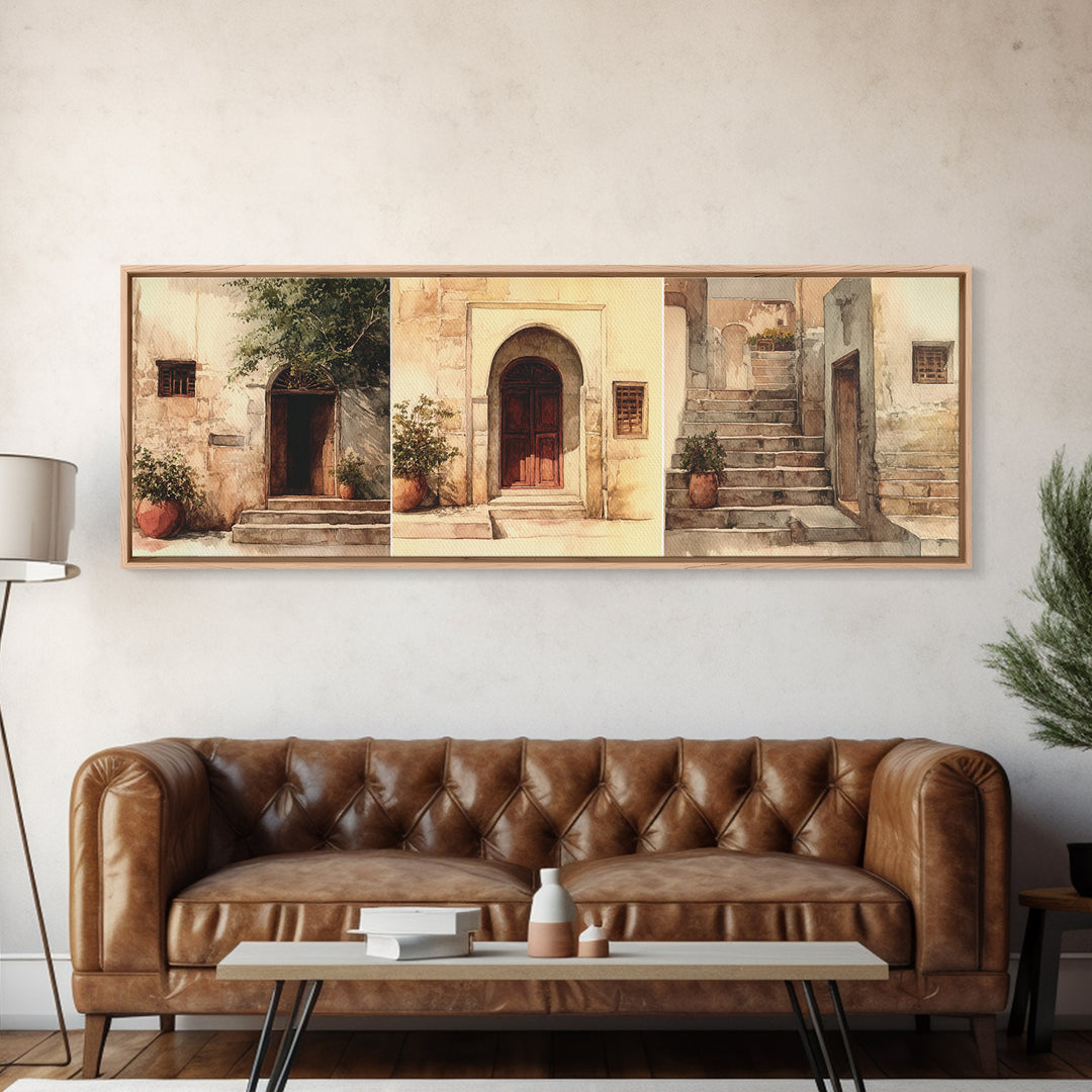 Whitewashed Doorway And Stone Steps Canvas Print, Moroccan Travel, African Home Decor, Beige Wall Art, Rustic Home Decor