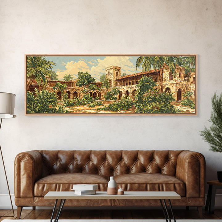Tropical Courtyard Ruins With Palms Wall Art, African Inspired Landscape, Boho Home Decor, Living Room Canvas Print, Statement Wall Decor