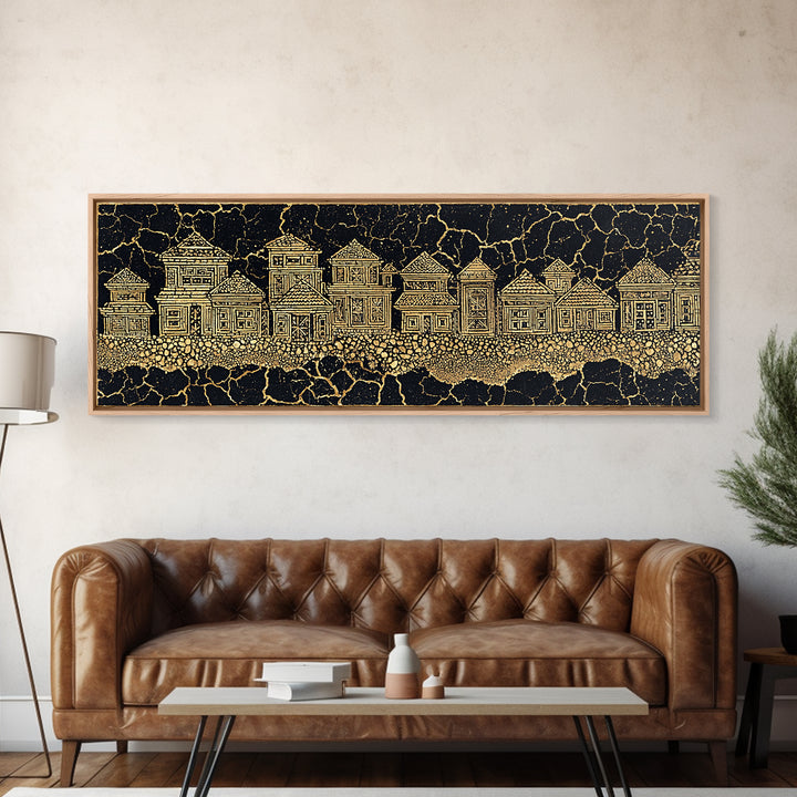 Gold Line Village On Cracked Black Wall Art, African Tribal Art, Ethnic Wall Decor, Modern Canvas Print, Cultural Home Decor