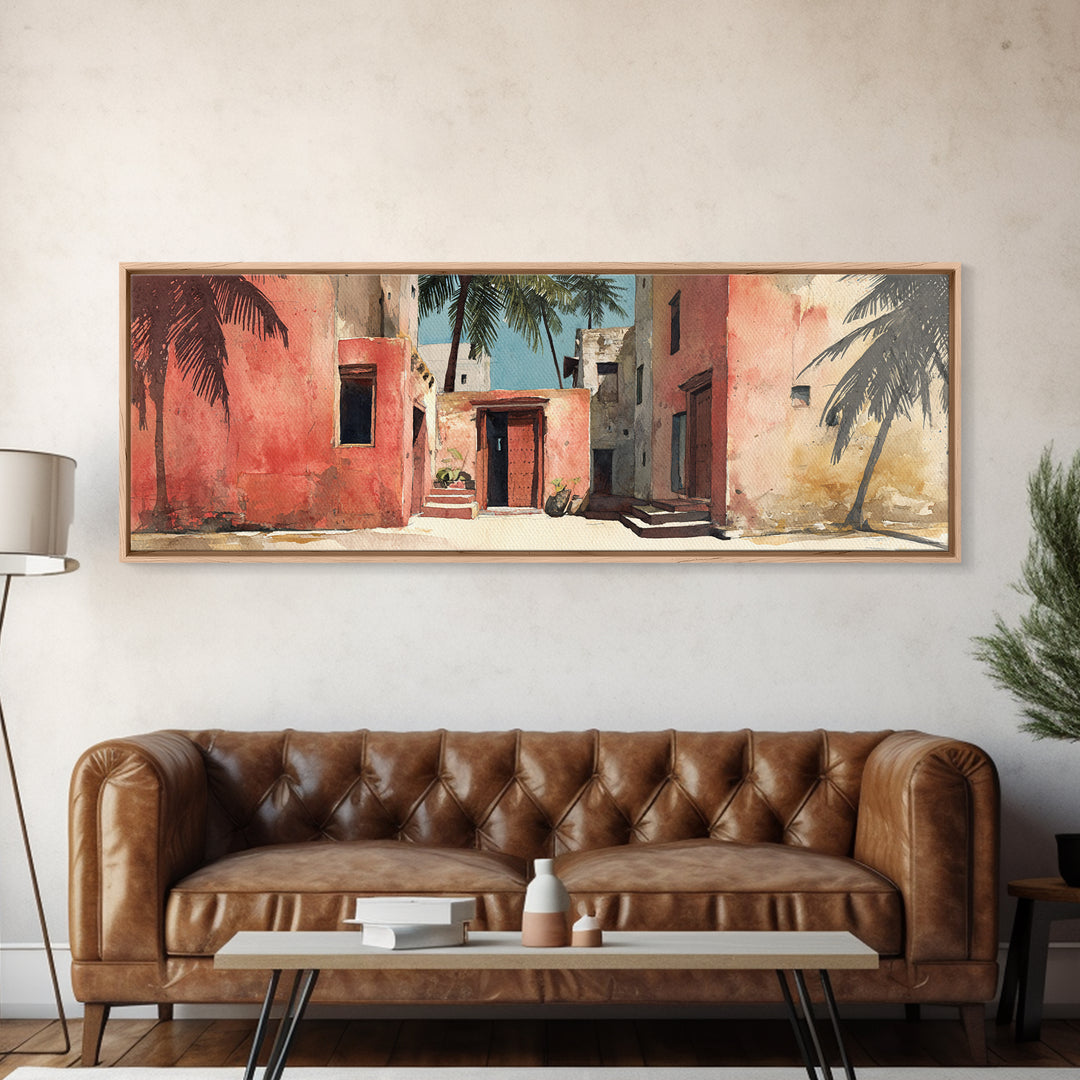 Sunlit Coral Adobe Alley With Palms Canvas Print, Moroccan Travel Poster, African Inspired Wall Art, Boho Bedroom Decor Gift