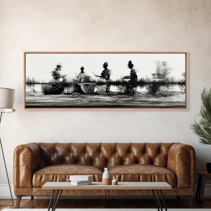 Black And White African Drummers Silhouette Wall Art, Tribal Music Decor, Afrocentric Canvas Print, Cultural Living Room Art