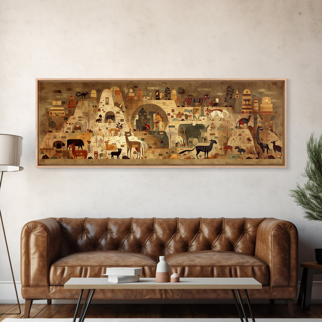 Ancient African Village With Wildlife And Huts Canvas Print, Safari Landscape Wall Decor, Tribal Culture Art For Living Room
