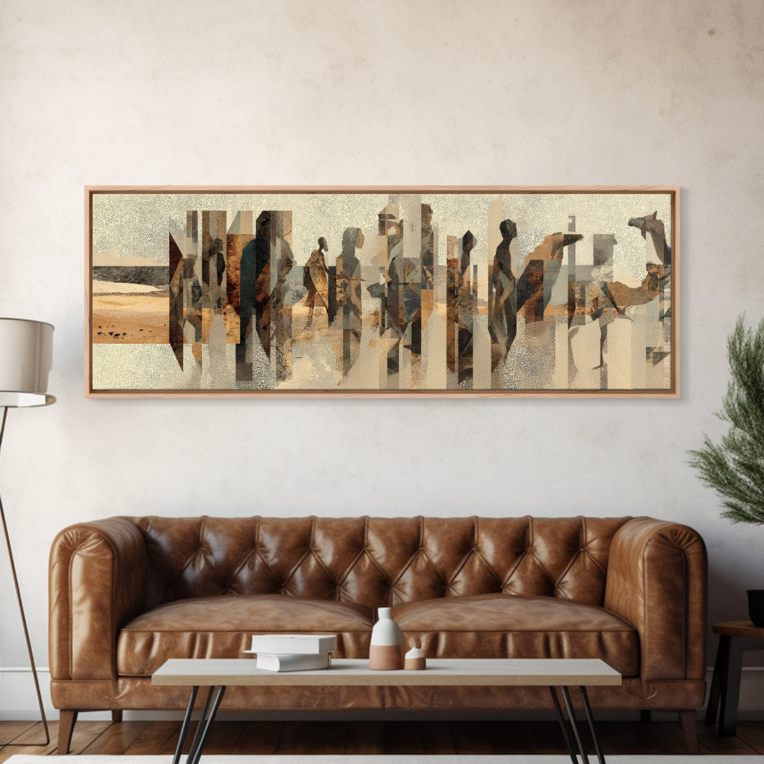 Abstract Desert Caravan With African Women Silhouettes Canvas Print, Minimalist Earth Tone Wall Decor, Cultural Portrait Art