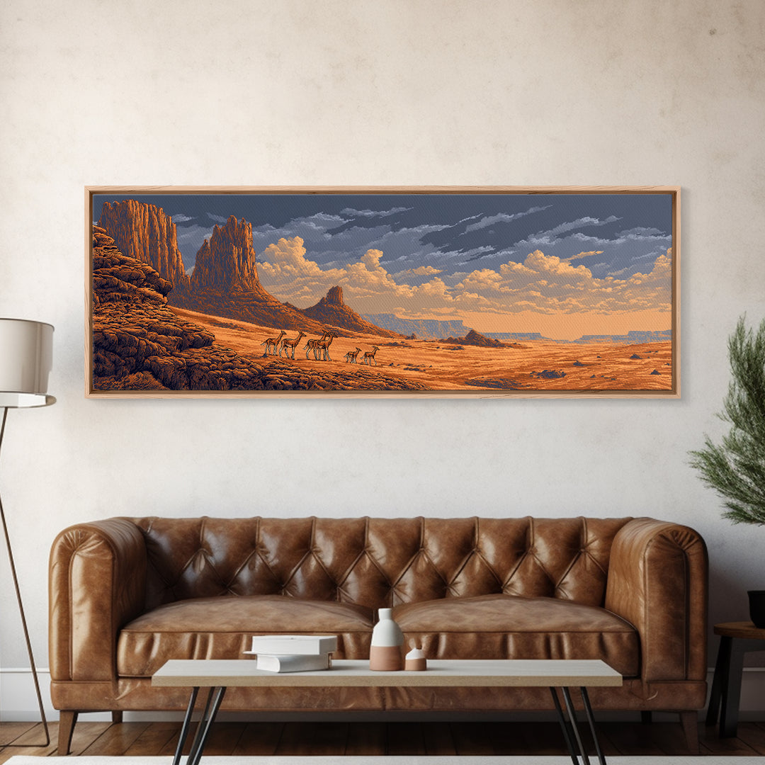 Golden Desert Safari With Antelope Herds And Mesas Wall Art, African Landscape Decor, Serengeti Inspired Canvas Print Gift