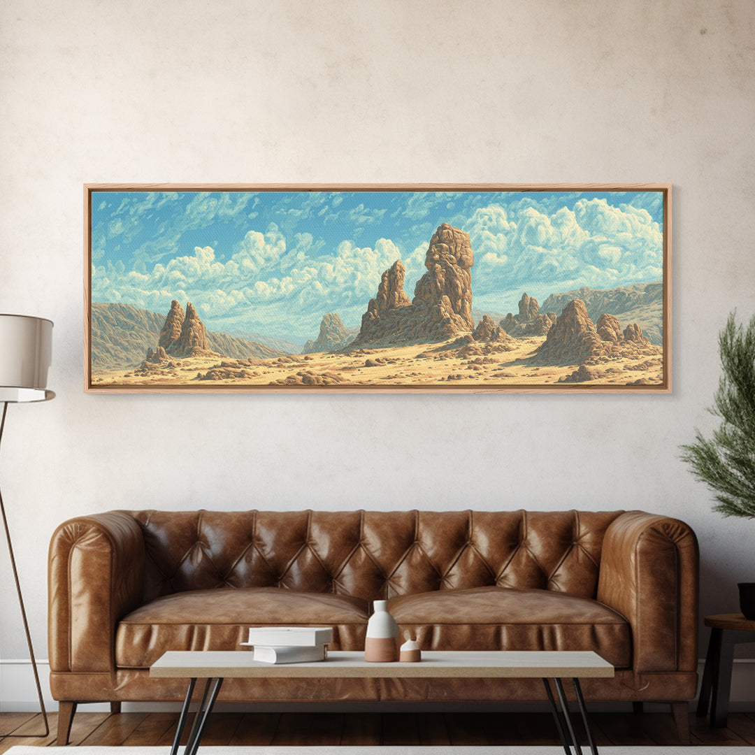 Sunlit Desert Rock Spires And Turquoise Sky Canvas Print, African Landscape Wall Decor, Dreamy Nature Scene Art For Home