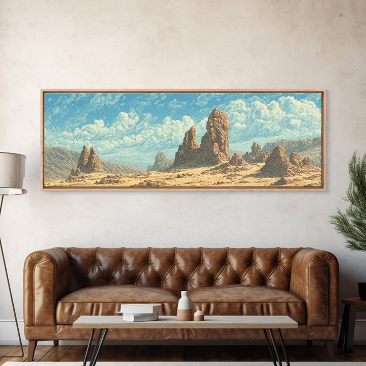 Sunlit Desert Rock Spires And Turquoise Sky Canvas Print, African Landscape Wall Decor, Dreamy Nature Scene Art For Home