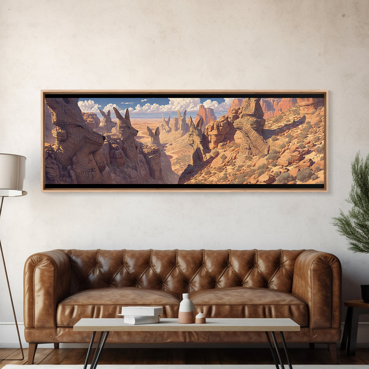 Carved Canyon Faces And Monument Valley Cliffs Wall Art, African Inspired Tribal Landscape Decor, Fantasy Canvas Print Gift