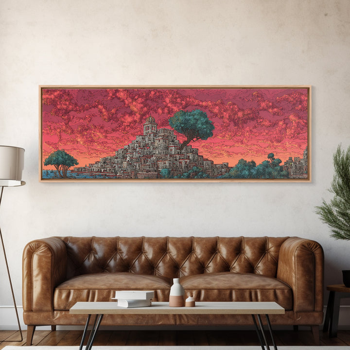 Ancient Stepped City Under Coral Sky Canvas Print, African Inspired Architecture Wall Decor, Mystical Travel Art For Home