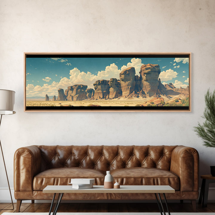 Weathered Desert Monoliths And Sunlit Sand Cliffs Framed Canvas Print, African Landscape Wall Decor, Large Safari Art Gift