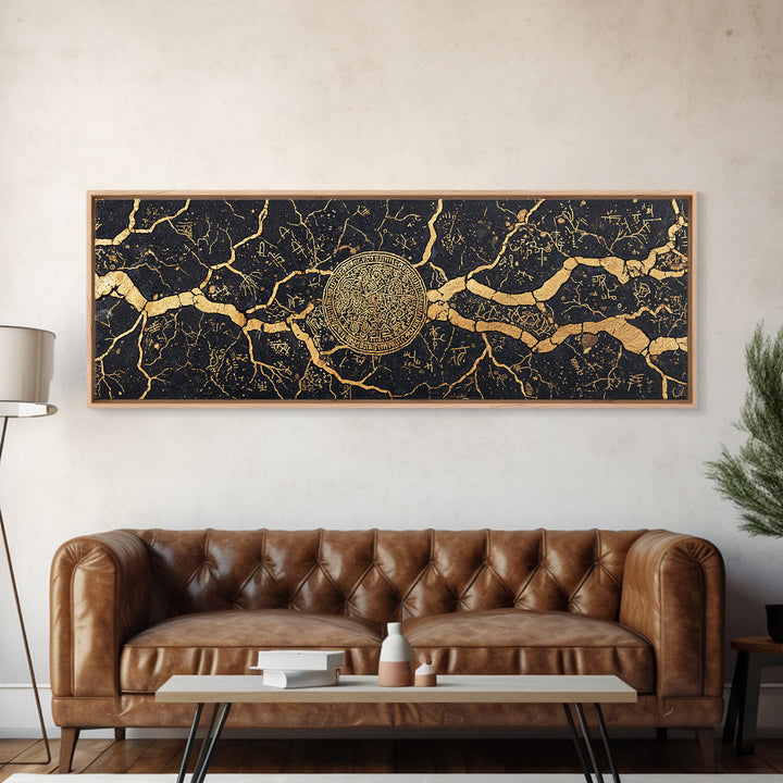 Black Gold Cracked Marble Medallion Wall Art, Luxury Abstract Wall Art, Modern Canvas Art, Elegant Home Decor Gift, Statement Wall Decor