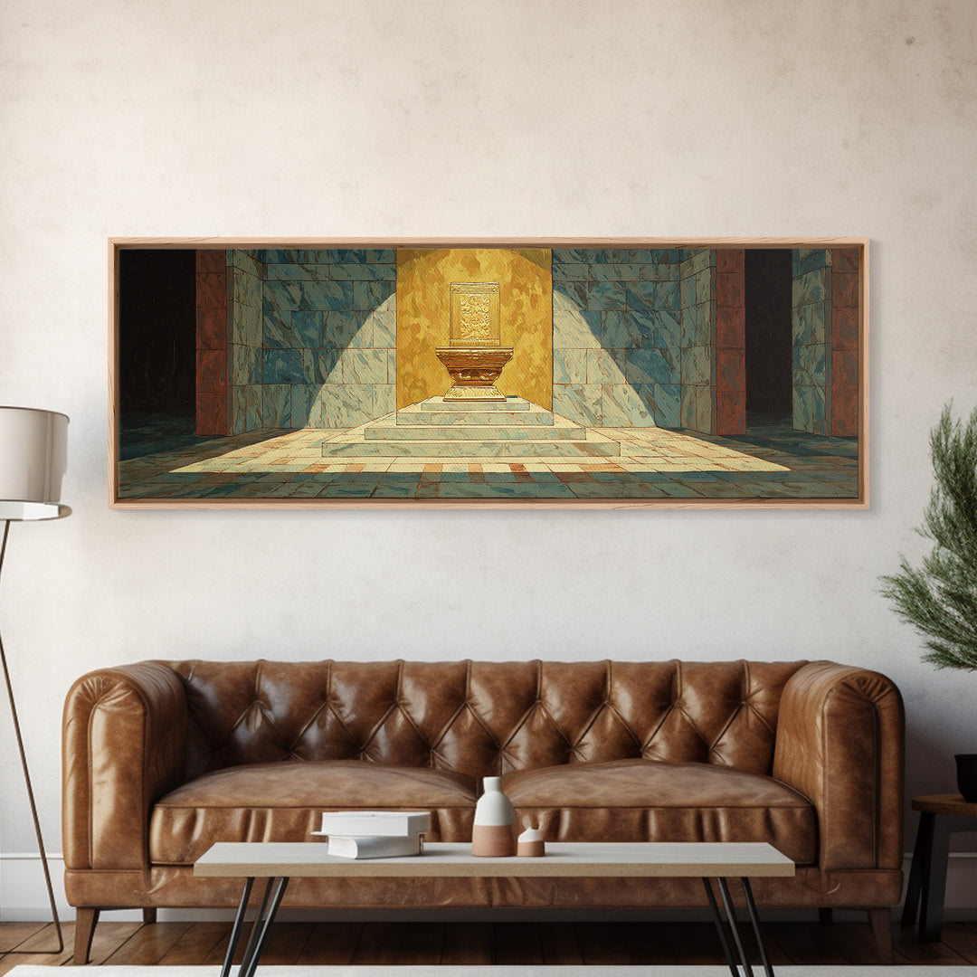 Turquoise Sunlit Temple Pedestal Canvas Print, Geometric Wall Art, Cultural Art Print, Modern Home Decor Gift, Unique Canvas Art