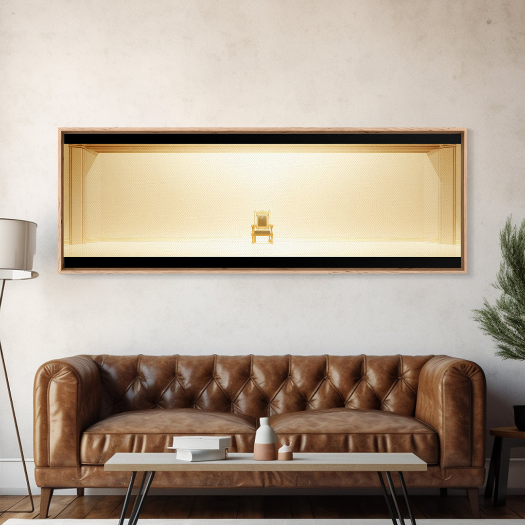 Minimal Golden Throne In Luminous Hall Framed Canvas Print, Minimalist Wall Art, Luxury Art, Elegant Home Decor Gift, Ready To Hang Art