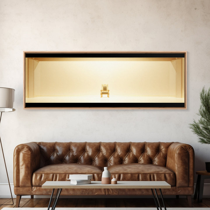 Minimal Golden Throne In Luminous Hall Framed Canvas Print, Minimalist Wall Art, Luxury Art, Elegant Home Decor Gift, Ready To Hang Art